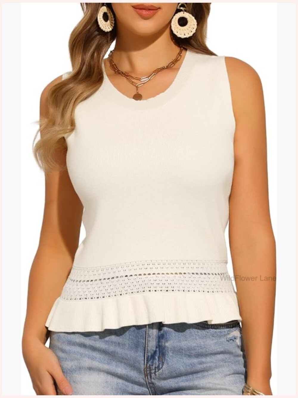 Womens Tank Top Crew Neck Sleeveless Ribbed Ruffle Hem Crop Top